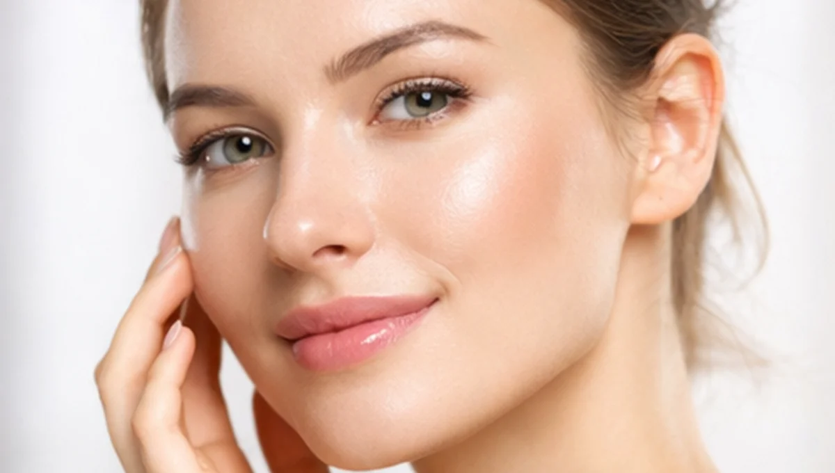 Close-up of a woman with clear skin, natural makeup, and a slight smile touching her face gently.